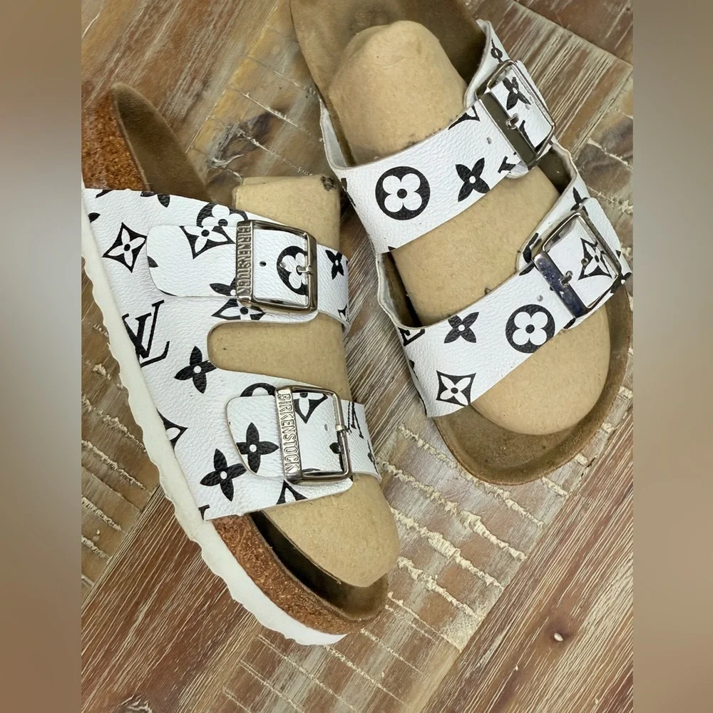 Birkenstock Custom White and Black Patterned Two-Strap Sandals - Picture 5 of 8